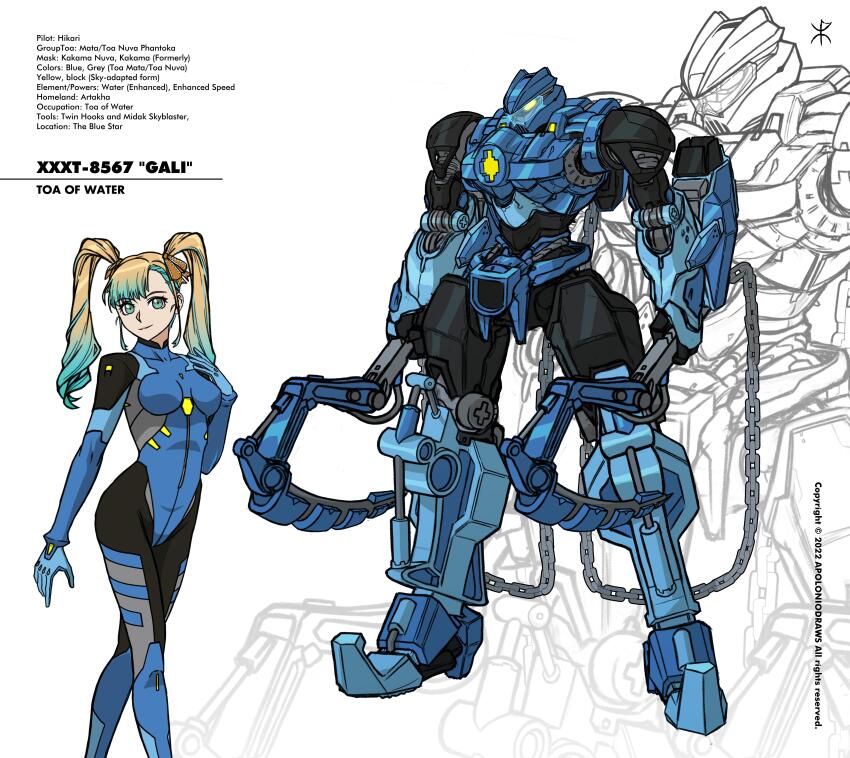 1girl 2022 absurdres apoloniodraws artist_name assault_visor bionicle black_bodysuit blonde_hair blue_bodysuit blue_gloves blue_ribbon bodysuit breasts chain character_name commission dual_wielding gali_(bionicle) gloves glowing glowing_eye gradient_hair green_eyes hair_behind_ear hair_ribbon hand_on_own_shoulder head_tilt highres holding holding_weapon long_hair looking_at_viewer mecha mechanization medium_breasts multicolored_bodysuit multicolored_hair open_hand original pilot_suit ribbon robot smile the_lego_group twintails walking weapon yellow_eyes