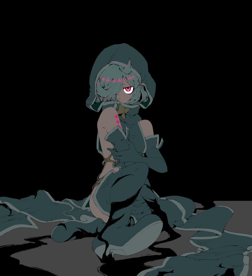 1girl anemo_nemo aqua_boots aqua_gloves aqua_hair black_background body_markings boots covered_mouth elbow_gloves gloves hair_over_one_eye highres hood hood_up leberblume looking_at_viewer mahou_shoujo_ni_akogarete one_eye_covered pink_eyes shanyang_zuo short_hair sideless_outfit simple_background sitting solo thigh_boots