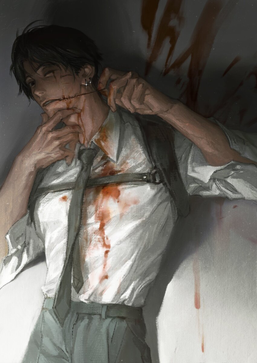 1boy absurdres belt black_hair blood blood_on_face chainsaw_man collared_shirt earrings formal_clothes highres jewelry kishibe_(chainsaw_man) kishibe_(young)_(chainsaw_man) necktie saltinesaltine1 scar shirt short_hair short_sleeves simple_background white_shirt