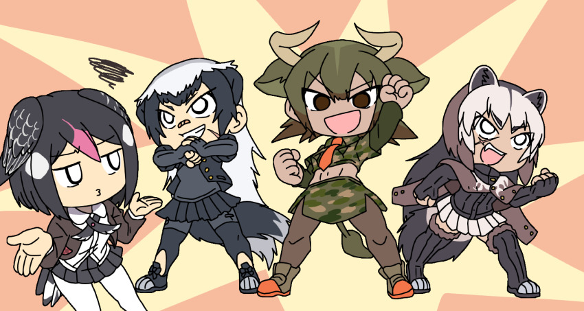 4girls :d animal_ears arm_up aurochs_(kemono_friends) badger_ears badger_tail bird_girl bird_tail bird_wings black_hair boots brown_eyes brown_hair brown_pantyhose camouflage camouflage_shirt camouflage_skirt chibi clenched_hand clenched_hands collared_shirt cow_ears cow_girl cow_horns cow_tail cropped_shirt elbow_gloves extra_ears feet_out_of_frame fingerless_gloves fist_in_hand full_body gloves greater_honeyguide_(kemono_friends) green_hair grey_hair grin hands_up head_wings horns jacket jacket_on_shoulders kemono_friends layered_sleeves leaning_forward long_hair long_sleeves looking_afar looking_at_another looking_at_viewer medium_hair midriff miniskirt multicolored_hair multiple_girls navel necktie open_clothes open_jacket open_mouth open_shirt outstretched_arm outstretched_hand own_hands_together pantyhose pink_hair pleated_skirt print_shirt print_skirt ratel_(kemono_friends) shirt shoes short_over_long_sleeves short_sleeves skirt smile squiggle srd_(srdsrd01) standing stomach tail tan thigh_boots thighhighs two-tone_hair undershirt v-shaped_eyebrows very_long_hair white_eyes white_hair wing_collar wings wolverine_(kemono_friends) zettai_ryouiki