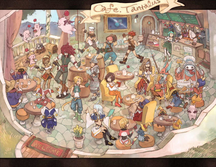 adelbert_steiner baku_(ff9) beatrix_(ff9) black_hair black_mage_(final_fantasy) blank_(ff9) blonde_hair blue_eyes bodysuit breasts brown_eyes brown_hair cape cinna_(ff9) cleavage commentary_request eiko_carol everyone final_fantasy final_fantasy_ix freija_crescent garnet_til_alexandros_xvii gloves highres kuja lani_(ff9) long_hair marcus_(ff9) mare_(pixiv) mikoto_(ff9) moogle multiple_boys multiple_girls open_mouth orange_bodysuit pantyhose quina_quen restaurant ruby_(ff9) salamander_coral short_hair smile tail thorn_(ff9) vivi_ornitier weapon zidane_tribal zorn_(ff9)