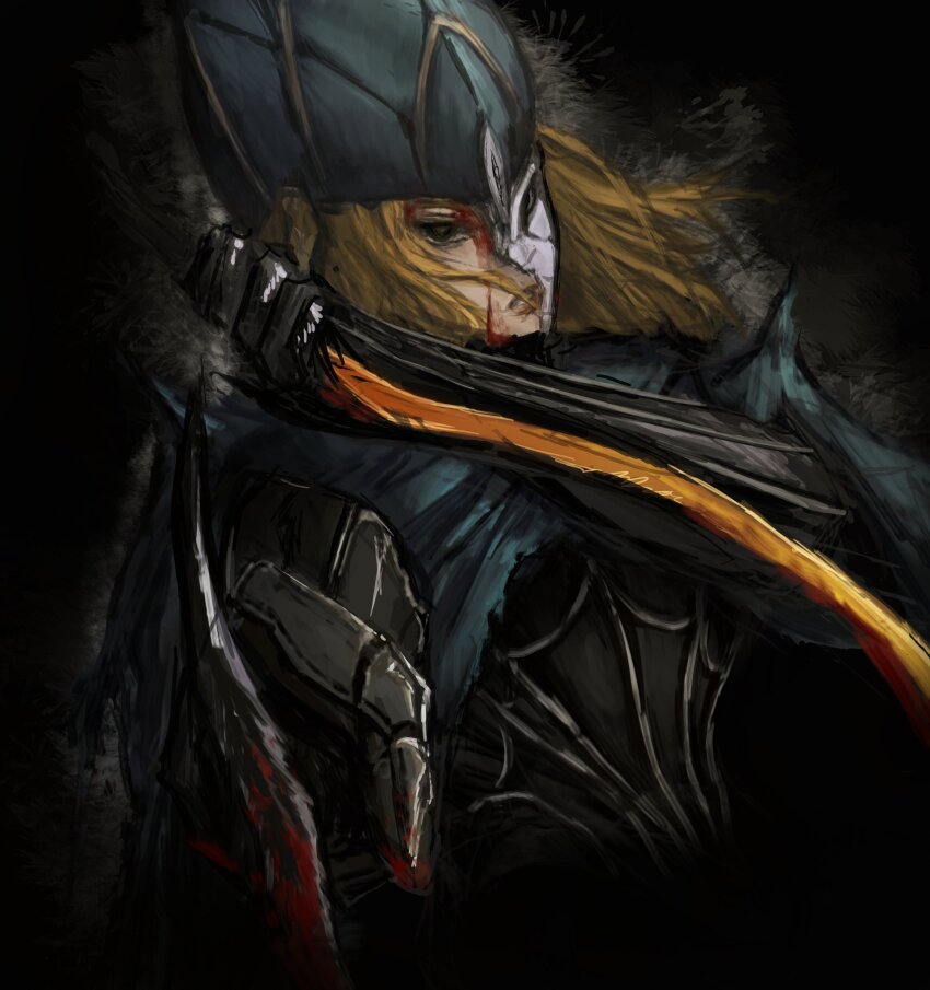 1girl black_background black_headwear black_sclera blonde_hair broken_mask colored_sclera dark_souls_(series) dark_souls_i dual_wielding highres holding holding_sword holding_weapon long_hair lord&#039;s_blade_ciaran mask red_eyes satsu-strive solo sword weapon