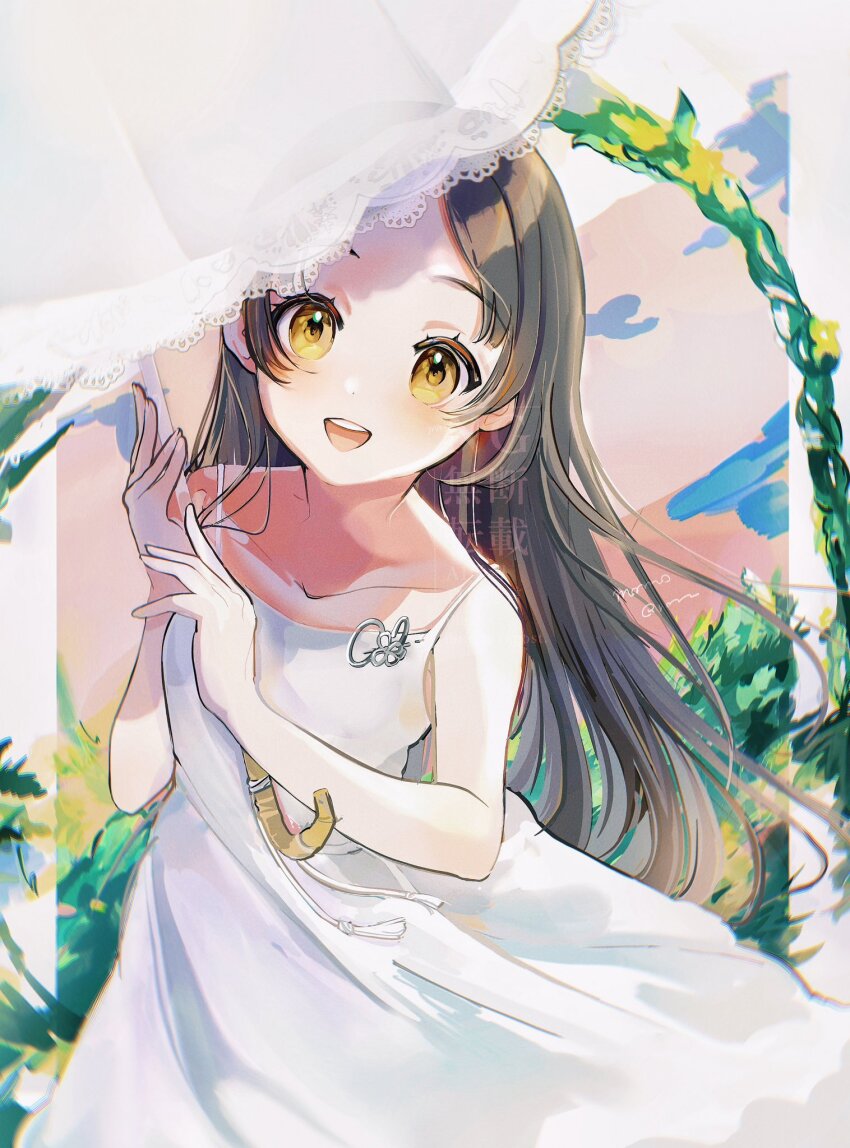 1girl blush brown_hair collarbone commentary_request dress gakuen_idolmaster highres holding holding_umbrella idolmaster kuramoto_china lace-trimmed_umbrella momoqross sleeveless sleeveless_dress smile solo teeth umbrella upper_teeth_only white_dress white_umbrella yellow_eyes