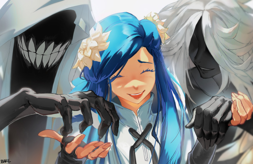 1girl absurdres angel_wings bake_(bakemikerman) black_gloves blue_hair closed_eyes commentary dizzy_(guilty_gear) drawstring english_commentary evil_smile fingerless_gloves fingernails flower gloves guilty_gear guilty_gear_strive hair_flower hair_ornament highres holding_hands long_hair necro_(guilty_gear) open_mouth partially_shaded_face queen_dizzy sharp_fingernails smile solo swept_bangs turtleneck undine_(guilty_gear) upper_body wings
