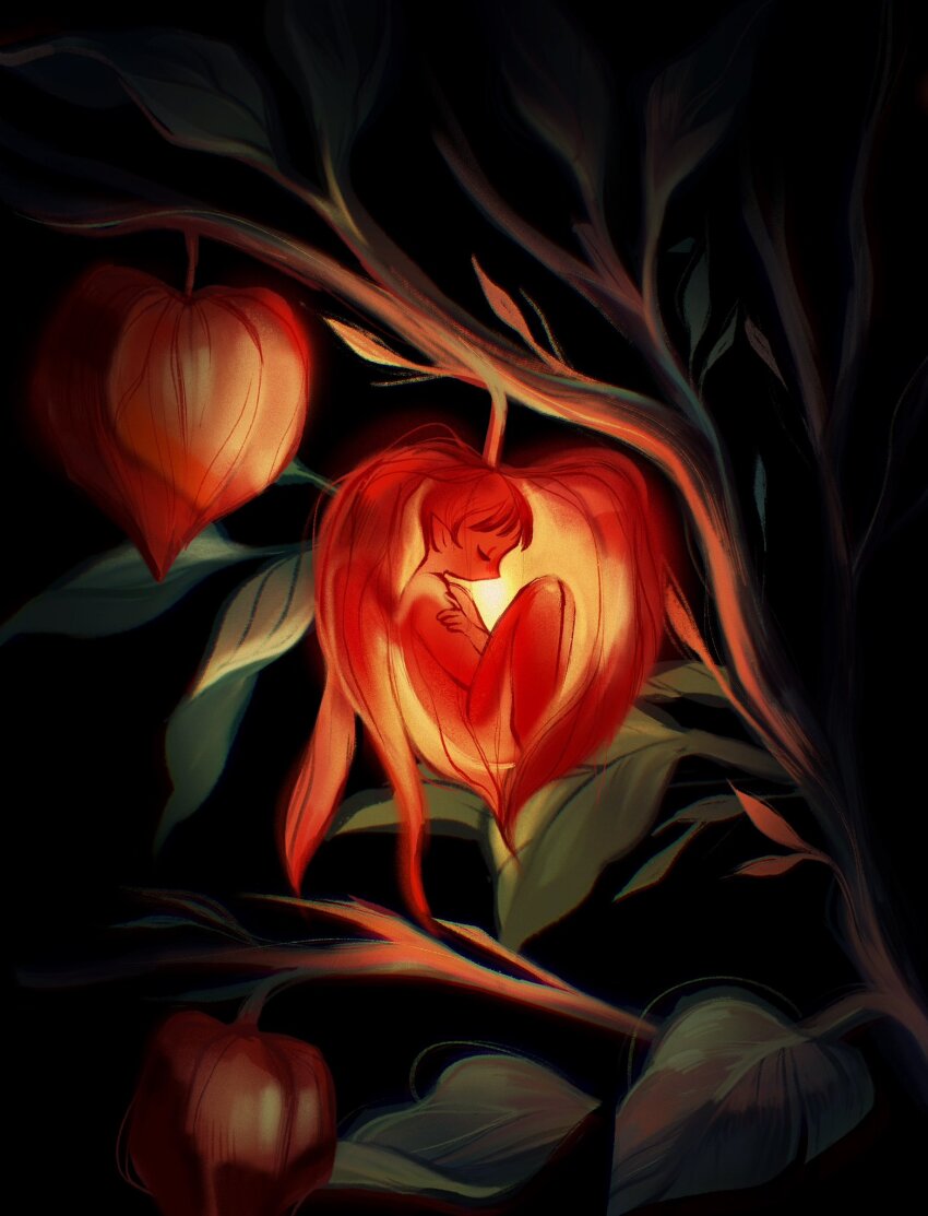 1girl black_background branch chinese_lantern_(plant) closed_eyes commentary curled_up english_commentary fairy fairy_wings feefal food fruit glowing hanging_from_tree highres leaf original pointy_ears see-through_clothes short_hair sleeping wings