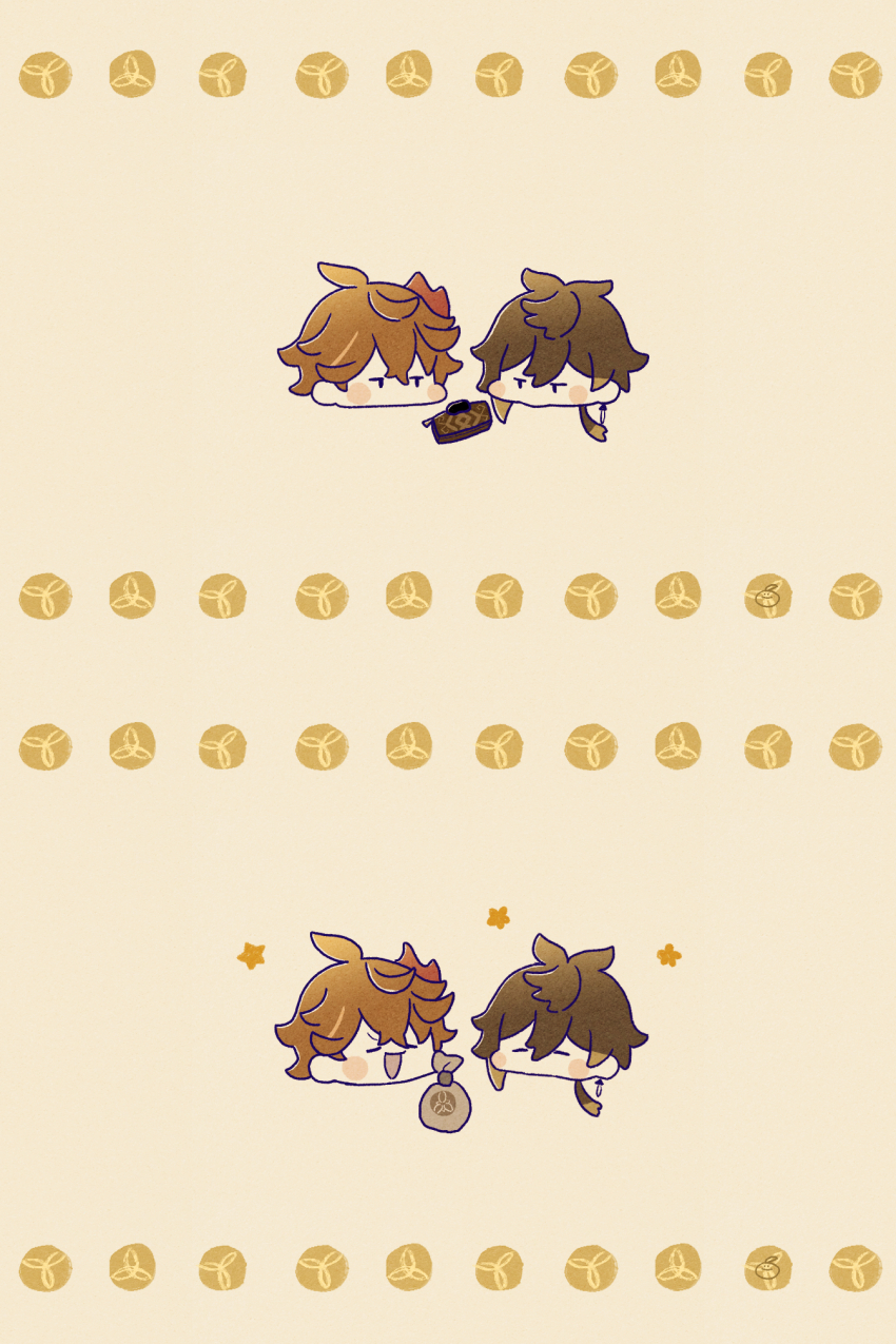 2boys chibi dimples genshin_impact gils3105 highres image_sample money_bag mora_(genshin_impact) multiple_boys pixiv pixiv_sample tartaglia_(genshin_impact) wallet zhongli_(genshin_impact)