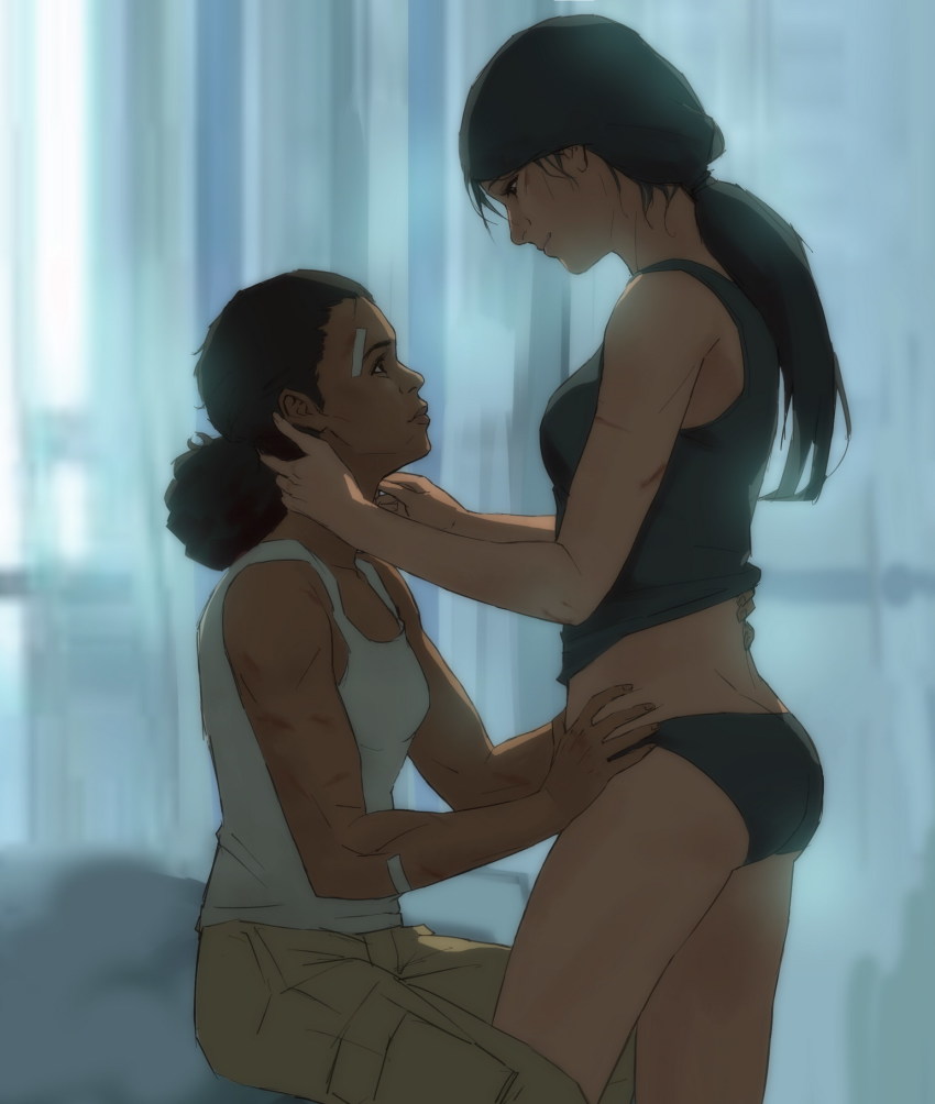 2girls bandaid black_shirt butt_crack chloe_frazer_(uncharted) commentary dark-skinned_female dark_skin english_commentary hand_in_own_hair hands_on_another&#039;s_hips highres kisetsu long_hair looking_at_another looking_down looking_up low_ponytail multiple_girls nadine_ross ponytail scar shadow shirt sitting smile tank_top uncharted white_shirt yuri