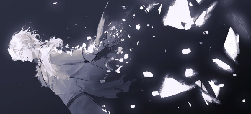 1boy aventurine_(honkai:_star_rail) closed_eyes commentary_request disintegration dutch_angle earrings from_side fur_trim glowing hair_between_eyes highres honkai:_star_rail honkai_(series) jacket jewelry kakavasha_(honkai:_star_rail) male_focus monochrome neck_tattoo open_clothes open_jacket shards sheunsnzh short_hair simple_background single_earring smile solo tattoo