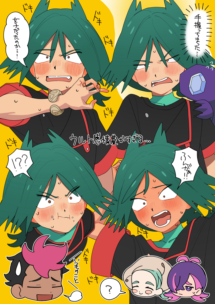 2boys 2girls ? absurdres anipoke_uruto black_jacket blush bracelet commentary_request dot_(pokemon) gen_3_pokemon green_hair green_shirt highres jacket jewelry katy_(pokemon) multiple_boys multiple_girls nintendo open_mouth pokemon pokemon_(anime) pokemon_(creature) pokemon_horizons roy_(pokemon) sableye shirt short_sleeves speech_bubble spoken_question_mark sweat teeth tongue translation_request ult_(pokemon) yellow_background