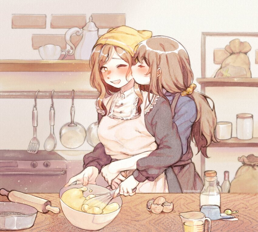 2girls alternate_hair_length alternate_hairstyle apron arms_around_waist black_dress blush brown_hair chadolbaegi closed_eyes collar cooking cooking_oil couple dress eggshell frilled_collar frills hair_ornament hair_scrunchie headscarf highres holding holding_whisk hug hug_from_behind indoors kang_jaehee kiss kissing_cheek kitchen long_hair measuring_cup mixing_bowl multiple_girls nose_blush one_eye_closed oven pastel_colors ponytail protagonist_(susanghan_messenger) sack scrunchie shelf smile spatula susanghan_messenger teeth tenugui upper_body upper_teeth_only whisk whisking yuri