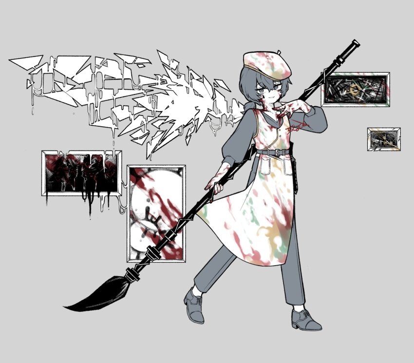 1boy apron beret black_eyes black_hair black_pants black_shirt black_shoes blood blood_on_clothes blood_on_face full_body grey_background hat highres holding holding_paintbrush limbus_company long_sleeves looking_at_viewer low_ponytail male_focus paint_on_clothes paintbrush painting_(object) pants ponytail project_moon ring_(identity)_(project_moon) shirt shoes simple_background single_wing solo standing teardrop_facial_mark white_apron white_hat wings yi_sang_(project_moon) zeremi0102