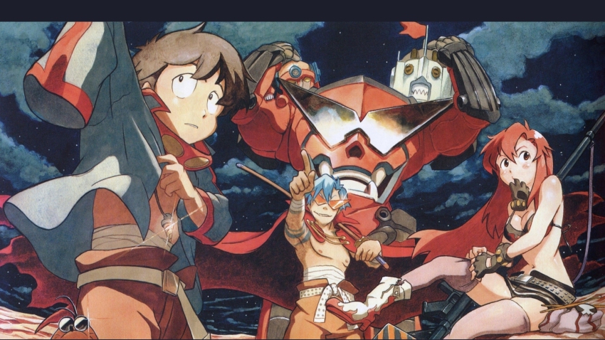 00s 1girl 2boys bikini bikini_top_only blue_hair boota_(ttgl) cape drill fingerless_gloves glasses gloves gurren highres kamina_(ttgl) kamina_shades lagann long_hair multiple_boys red_hair shinagawa_hiroki shorts simon_(ttgl) swimsuit tengen_toppa_gurren_lagann thighhighs triangular_eyewear weapon yoko_littner