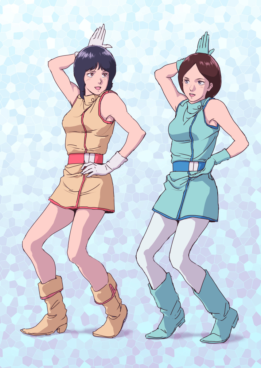1980s_(style) 2girls absurdres aeug belt black_hair brown_hair commentary_request dancing emma_sheen fa_yuiry gloves gundam highres looking_at_another miniskirt multiple_girls oldschool parody retro_artstyle science_fiction shouwa skirt sleeveless teikoku_jokyoku zeta_gundam zeta_gundam_define
