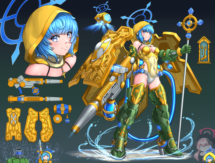 1boy 2girls adapted_costume aged_up android angel annoyed aqua_halo arm_cannon armor armored_boots assault_rifle blue_eyes blue_hair blue_halo bodysuit boots brooch chibi chibi_inset cleavage_cutout clothing_cutout cross cross_necklace crossover crucifix cyborg doom_(2016) doom_(series) doom_eternal doomguy drone glowing gold green_armor gun halo halo_behind_head handgun happy highres holding holding_staff holy_hand_grenade holy_water hood huge_weapon humanization jewelry joints koharu_(blue_archive) luce_(jubilee_2025) mechanical_arms mechanical_legs medallion multiple_girls necklace open_mouth original personification rifle robot robot_girl robot_joints science_fiction shield shield_module short_hair sig_sg550 smile spiked_halo staff substance20 water water_cannon water_gun weapon