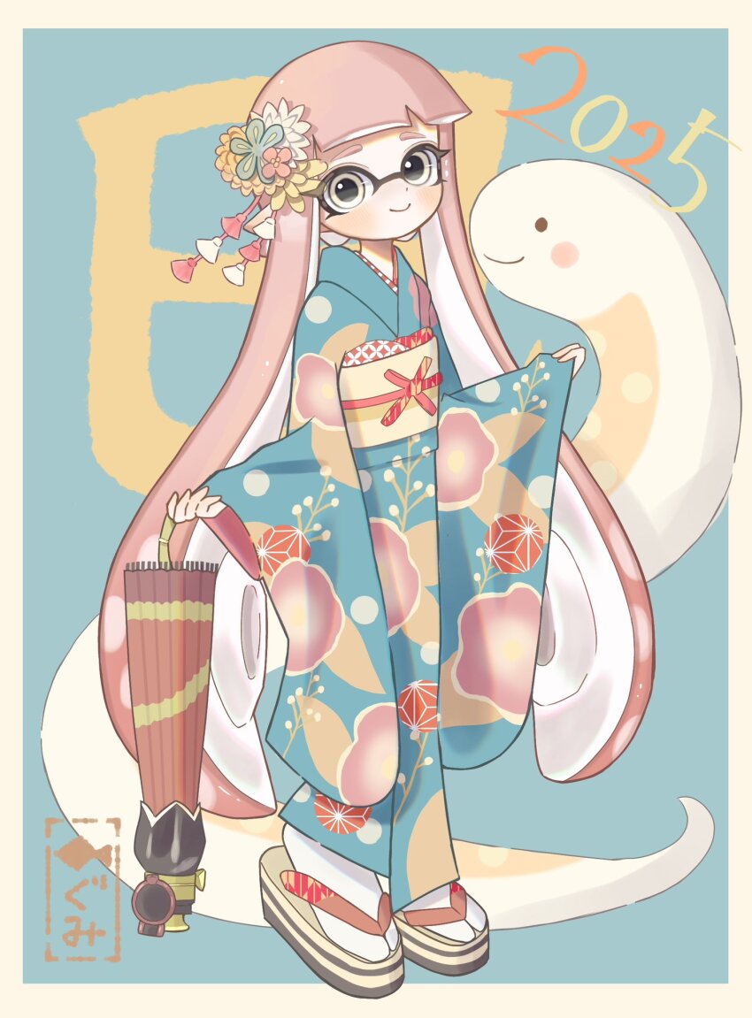 1girl 2025 blue_kimono border chinese_zodiac closed_mouth dot_nose eyelashes flower hair_flower hair_ornament highres inkling inkling_girl inkling_player_character japanese_clothes kimono long_hair looking_at_viewer new_year nintendo okobo osakanagumi11 outside_border pink_hair platform_sandals pointy_ears print_kimono sandals smile snake solo splatoon_(series) splatoon_3 tentacle_hair very_long_hair white_border white_snake wide_sleeves year_of_the_snake yellow_eyes