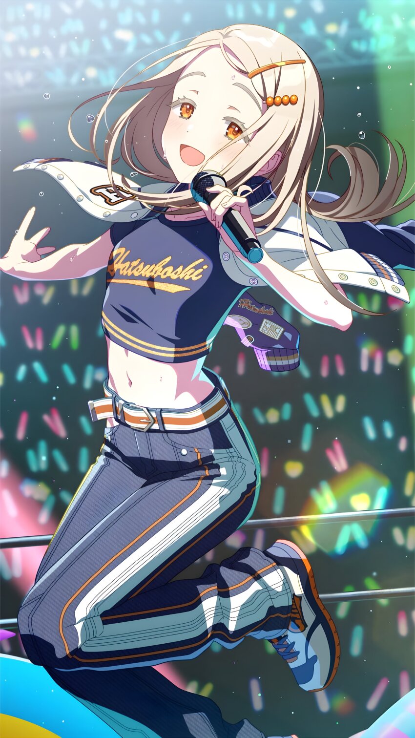 1girl absurdres audience belt campus_mode!!_(idolmaster) gakuen_idolmaster groin highres idolmaster midriff music navel official_art pants shinosawa_hiro shoes singing smile sneakers source_request sweat sweatdrop tagme