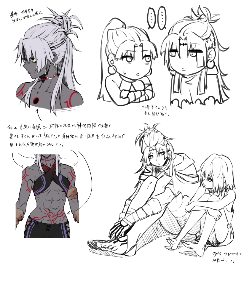 ... 3girls abs absurdres assassin_(fate/zero) character_request reference_sheet child_assassin_(fate/zero) colored_skin commentary_request earrings fate/grand_order fate_(series) female_assassin_(fate/zero) flat_color grey_hair grey_skin highres hoop_earrings jewelry lineart looking_at_another multiple_girls muscular muscular_female shin_(ultramarine430) sitting spoken_ellipsis stirrup_legwear tattoo toeless_legwear translation_request