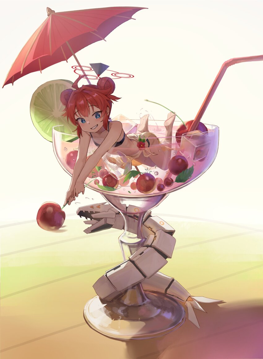 1girl absurdres ahoge bare_arms barefoot bikini binah_(blue_archive) black_bikini blue_archive blue_eyes blush cherry cocktail_glass cocktail_umbrella cup double_bun drinking_glass drinking_straw flat_chest flying_sweatdrops food fruit grin hair_bun halo highres hirotaka0125 holding holding_food ice ice_cube in_container in_cup lime_(fruit) lime_slice maki_(blue_archive) mini_person minigirl motion_lines partially_submerged red_hair robot sarong shadow short_hair sidelocks smile solo speed_lines swimsuit white_background