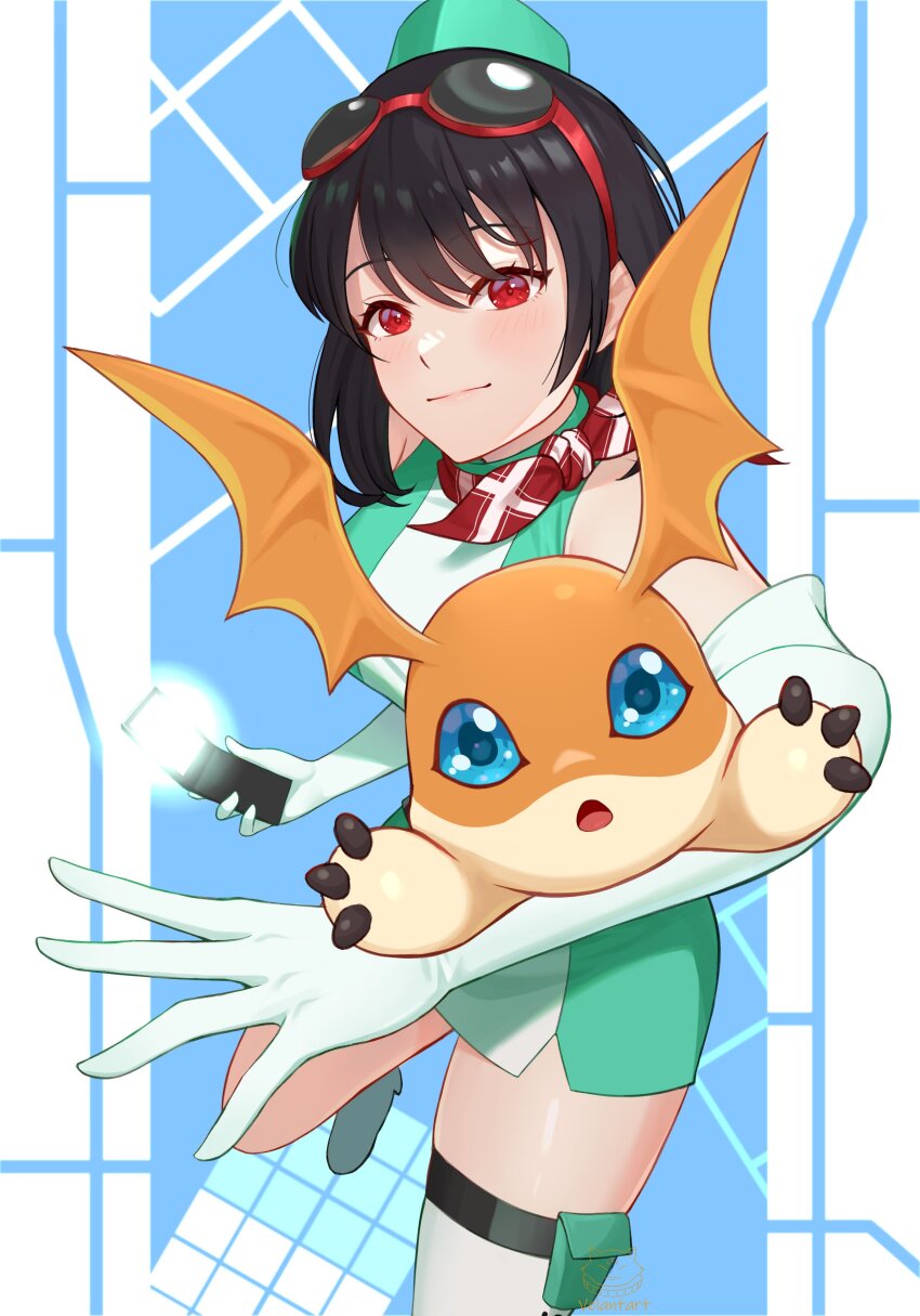 1girl absurdres bare_shoulders black_hair blue_background blue_eyes body_fur breasts cellphone cowboy_shot digimon digimon_(creature) digimon_story:_time_stranger dress elbow_gloves flip_phone gloves goggles goggles_on_head green_dress head_wings highres holding holding_phone large_breasts orange_fur patamon phone red_eyes short_hair simple_background sleeveless sleeveless_dress velantart white_dress white_gloves wings yuuki_kanan yuuki_kanan
