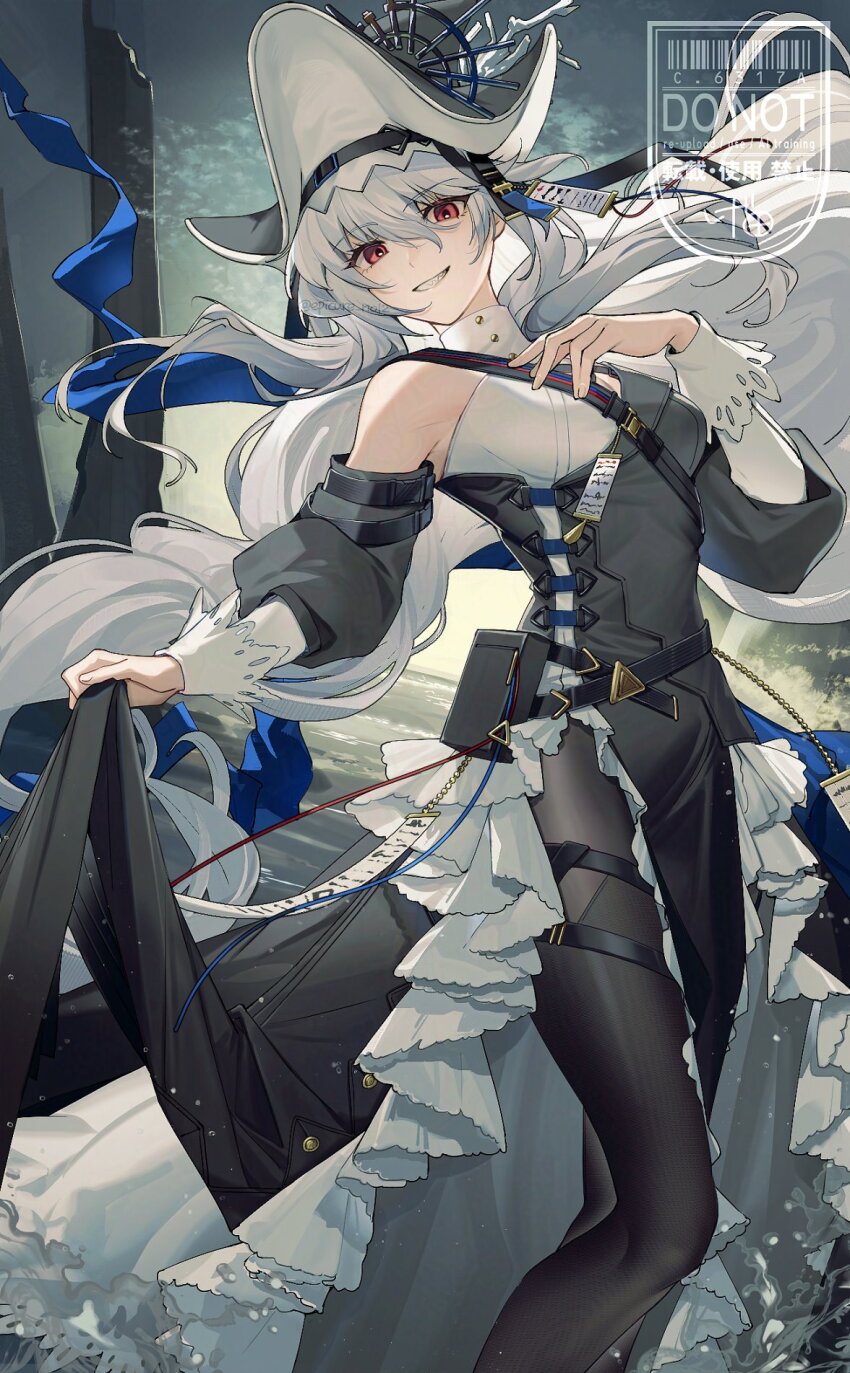 1girl arknights bare_shoulders black_dress black_hat black_pantyhose commentary dress feet_out_of_frame geta_(epicure_no12) grin hand_on_own_chest hat highres layered_dress long_hair long_sleeves looking_at_viewer pantyhose pouch red_eyes smile solo specter_(arknights) specter_the_unchained_(arknights) standing strap two-sided_fabric two-sided_headwear very_long_hair watermark white_dress white_hair white_hat