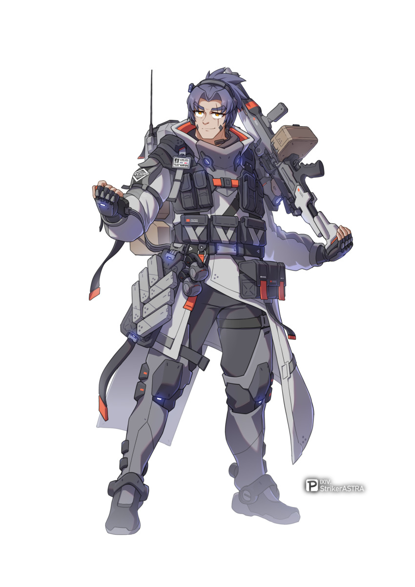 1boy absurdres artist_name black_gloves black_pants black_sclera boots colored_sclera explosive fingerless_gloves full_body gloves grenade grey_jacket gun headset highres holding holding_gun holding_weapon jacket long_sleeves looking_at_viewer male_focus orange_eyes original over_shoulder pants personification ponytail pouch purple_hair rifle scar scar_on_face science_fiction sherman_(egnk2525) simple_background smile sniper_rifle solo standing tachi-e transparent_background walkie-talkie weapon weapon_over_shoulder white_background