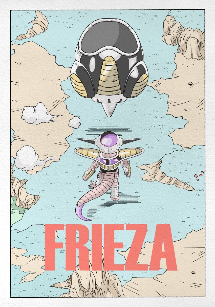1other 1st_form_frieza akira_(manga) akira_movie_poster alien armor dirt dragon_ball dragonball_z frieza highres hover_vehicle parody rock science_fiction tail walking wesatinthecar