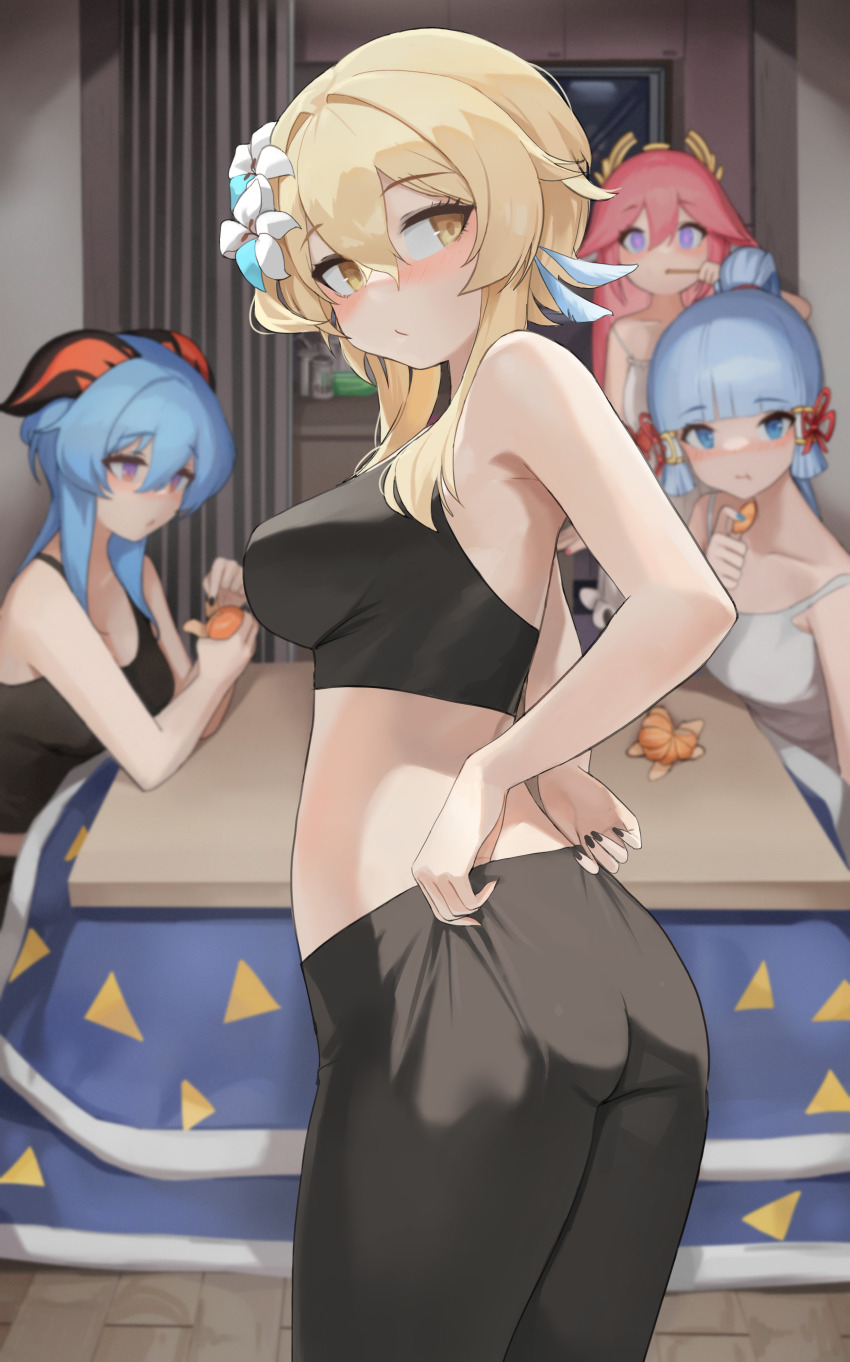 4girls absurdres ayaka_(genshin_impact) black_camisole black_nails black_sports_bra blonde_hair blue_eyes blue_hair blunt_bangs blush brushing_teeth camisole closed_mouth dolri dot_mouth feather_hair_ornament feathers flower food from_side fruit ganyu_(genshin_impact) genshin_impact hair_between_eyes hair_flower hair_ornament highres holding holding_food holding_fruit holding_pants holding_toothbrush indoors kotatsu looking_at_viewer lumine_(genshin_impact) multiple_girls orange_(fruit) peeling pink_hair purple_eyes short_hair_with_long_locks sidelocks solo_focus sports_bra table toothbrush under_kotatsu under_table unworn_pants white_camisole white_flower yae_miko yellow_eyes