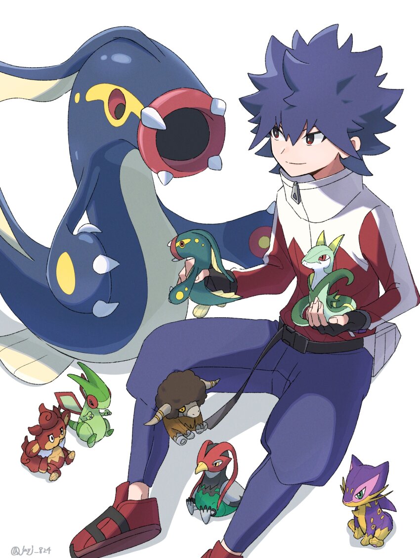 1boy absurdres belt black_belt black_gloves black_hair bouffalant character_doll closed_mouth commentary_request doll eelektross fingerless_gloves flygon gen_3_pokemon gen_5_pokemon gloves high_collar highres holding holding_doll hugh_(pokemon) jacket jayj_824 liepard long_sleeves loose_belt male_focus nintendo pants pokemon pokemon_(creature) pokemon_bw2 red_eyes red_footwear red_jacket serperior shoes short_hair simisear sitting smile spiked_hair unfezant white_background zipper_pull_tab