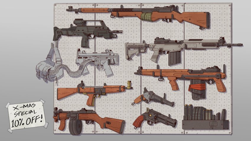 absurdres ammunition_chute assault_rifle backpack bad_gun_anatomy bag battle_rifle chiappa_firearms chiappa_rhino drum_magazine english_text fn-49 grey_background gun h&amp;k_g36 handgun hat_legs highres jungle_style light_machine_gun low_bore_axis_revolver m14 m1941_johnson_rifle machine_gun magazine_(weapon) no_humans original ppsh-41 revolver rifle submachine_gun ventilation_rib weapon weapon_focus weapon_request witness_holes