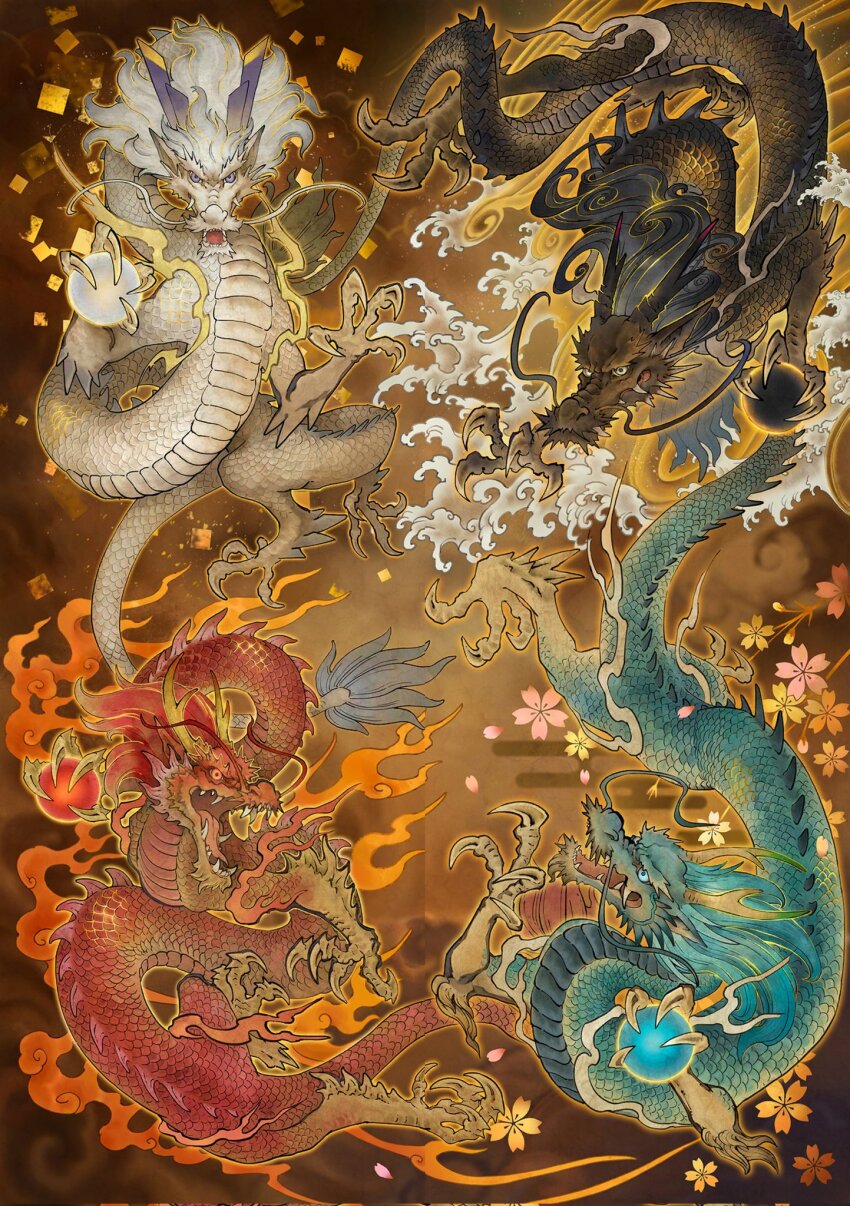 animal_ears antlers black_dragon_(kemono_friends) blue_dragon_(kemono_friends) blue_eyes blue_hair cherry_blossoms claws dragon dragon_ears dragon_horns dragon_tail eastern_dragon fire highres holding holding_orb horns kemono_friends kemono_friends_3 long_hair looking_at_viewer mane open_mouth red_dragon_(kemono_friends) sa_n_sa scale_print scales tail waves whiskers white_dragon_(kemono_friends)