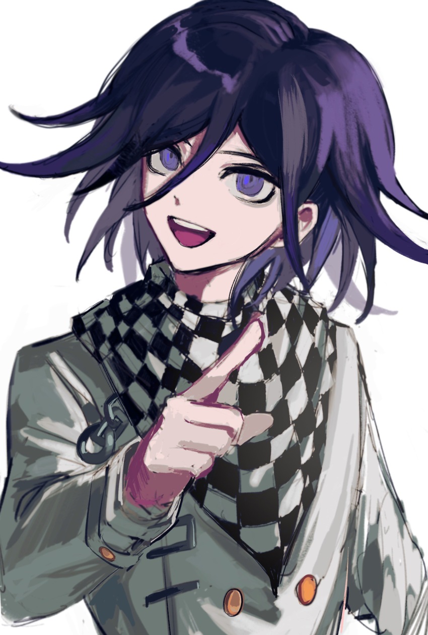 1boy absurdres baobing buttons checkered_clothes checkered_scarf chinese_commentary commentary_request danganronpa_(series) danganronpa_v3:_killing_harmony hair_between_eyes highres index_finger_raised jacket long_bangs long_sleeves male_focus medium_hair oma_kokichi open_mouth purple_eyes purple_hair scarf simple_background smile solo teeth two-tone_scarf upper_body upper_teeth_only white_background white_jacket
