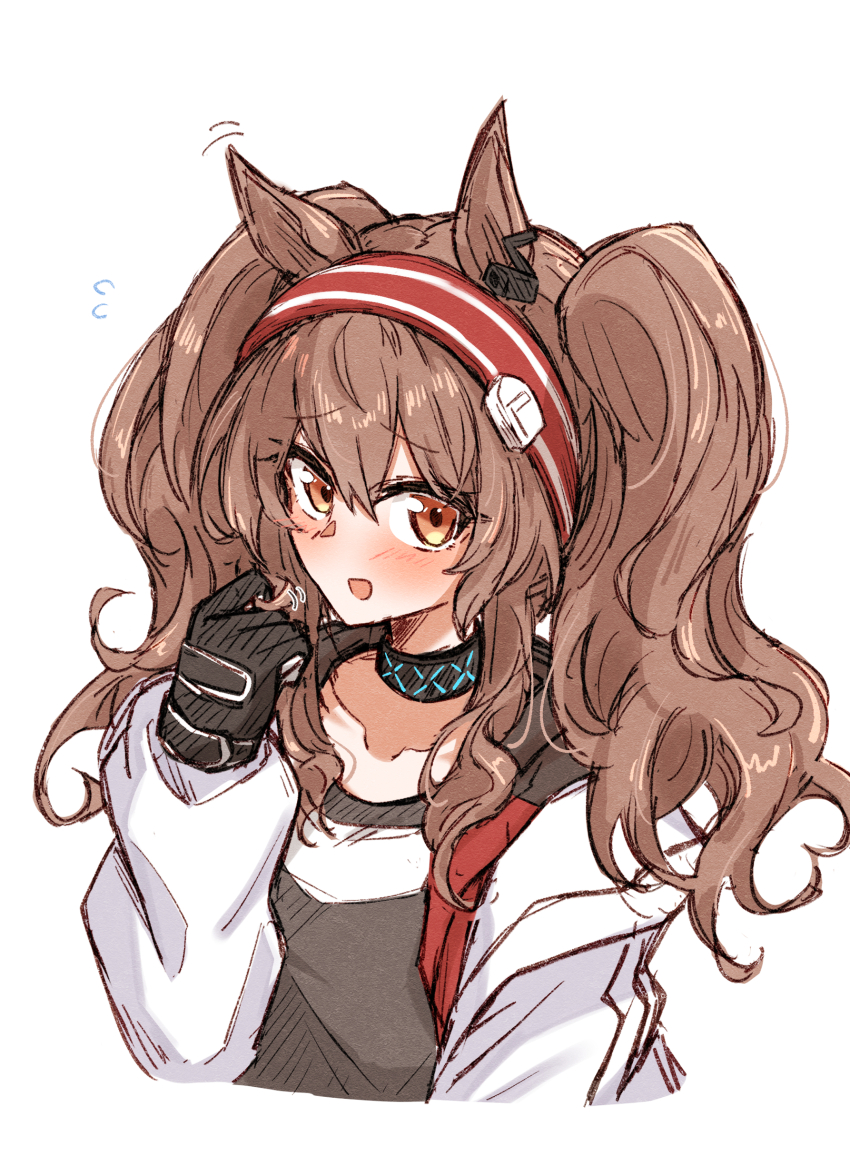 1girl absurdres angelina_(arknights) animal_ears arknights black_gloves blush brown_hair collarbone cropped_torso flying_sweatdrops gloves hair_between_eyes hairband hand_in_own_hair hand_up highres infection_monitor_(arknights) jacket long_sleeves looking_at_viewer maiq06 medium_hair motion_lines open_clothes open_jacket open_mouth orange_eyes red_hairband simple_background smile solo split_mouth twirling_hair wavy_hair white_background white_jacket