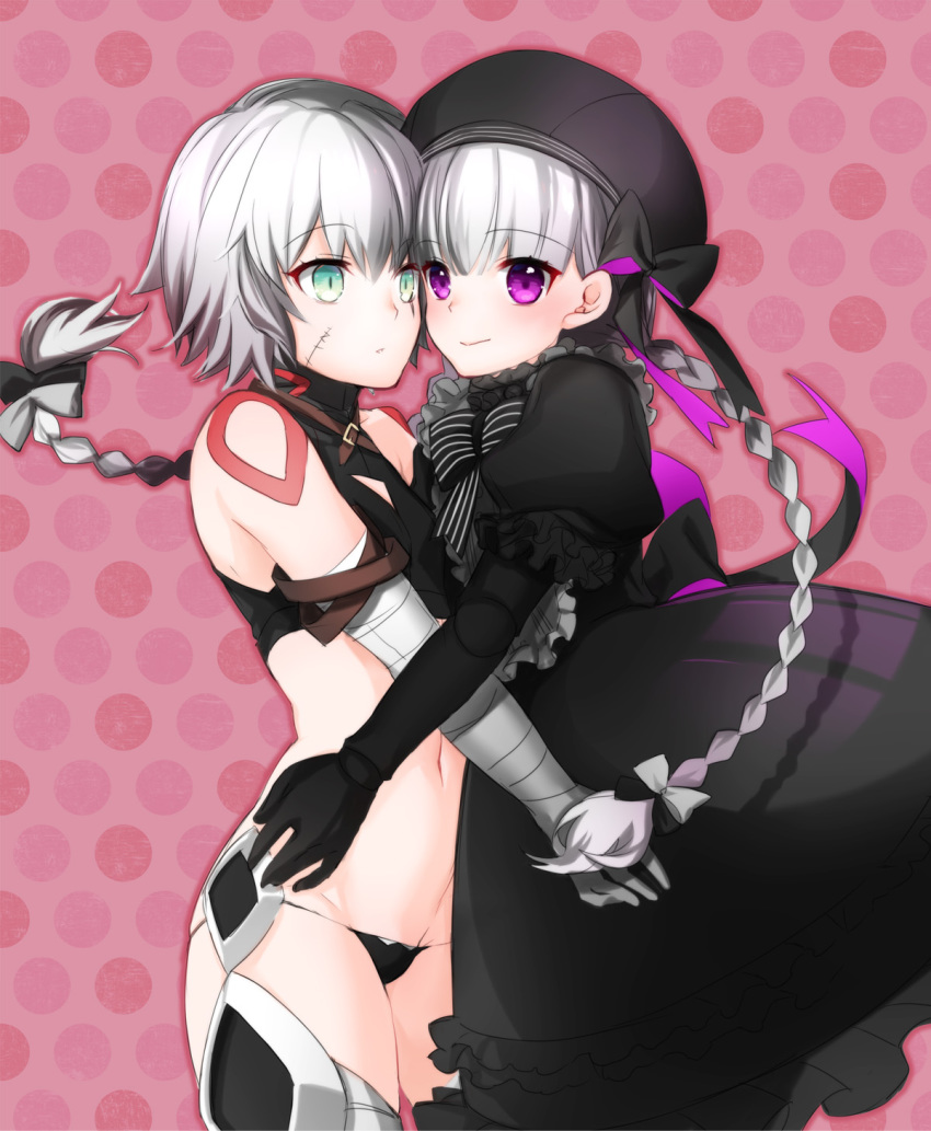 10s 2girls alice_(fate) blue_eyes braid doll_joints dress fate/apocrypha fate/extra fate/grand_order fate_(series) hat highres jack_the_ripper_(fate/apocrypha) joints long_hair midriff multiple_girls navel nursery_rhyme_(fate) nursery_rhyme_(fate/grand_order) purple_eyes scar short_hair silver_hair thong twin_braids ycco_(estrella)