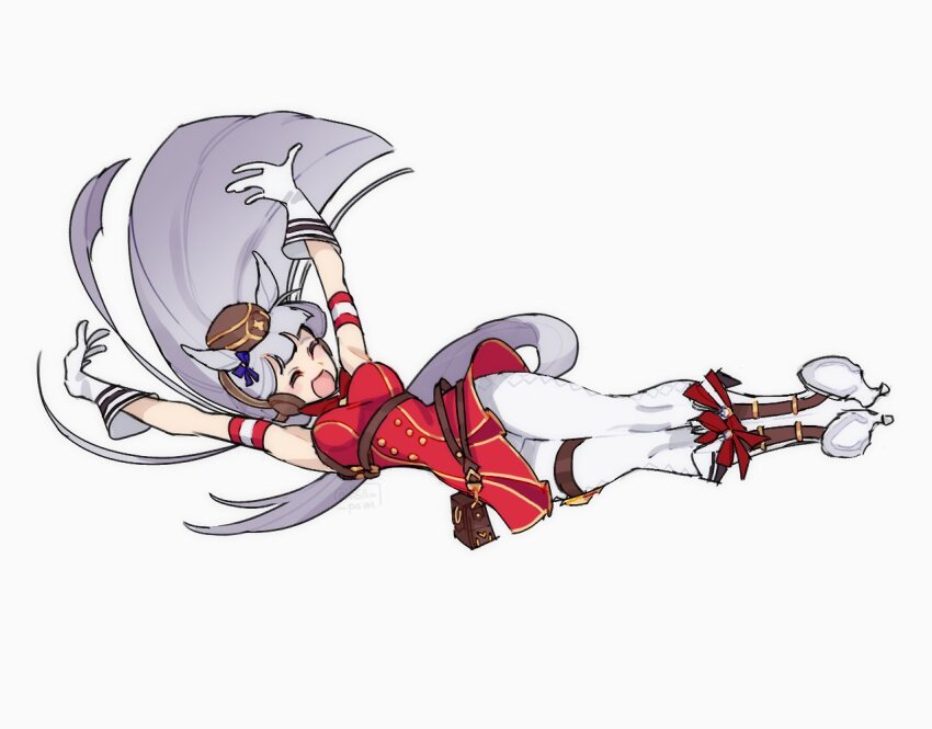 1girl :d ^_^ animal_ears arms_up artist_name blunt_bangs boots bow brown_hat closed_eyes commentary dress ear_bow ear_covers ear_ornament ear_ribbon english_commentary flying_kick full_body gloves gold_ship_(umamusume) hat high_heels horse_ears horse_girl horseshoe horseshoe_ornament kicking o-ring open_mouth pants pillbox_hat pollo_(pollo_pom) purple_bow red_bow red_dress sleeveless sleeveless_dress smile solo twitter_username umamusume watermark white_boots white_gloves white_pants