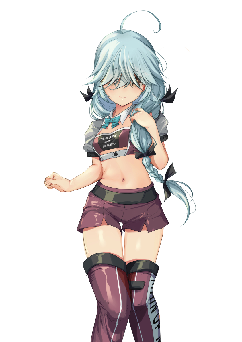 1girl absurdres ahoge aqua_bow aqua_bowtie bandeau bow bowtie braid brown_eyes clothes_writing contrapposto cowboy_shot cropped_jacket detached_collar grey_hair hair_over_eyes hair_ribbon hamanami_(kancolle) highres jacket kantai_collection long_hair looking_at_viewer medium_hair midriff multiple_views navel purple_bandeau purple_shorts purple_thighhighs race_queen ribbon shorts simple_background single_braid standing thighhighs v white_background white_jacket white_ribbon yashin_(yasinz)