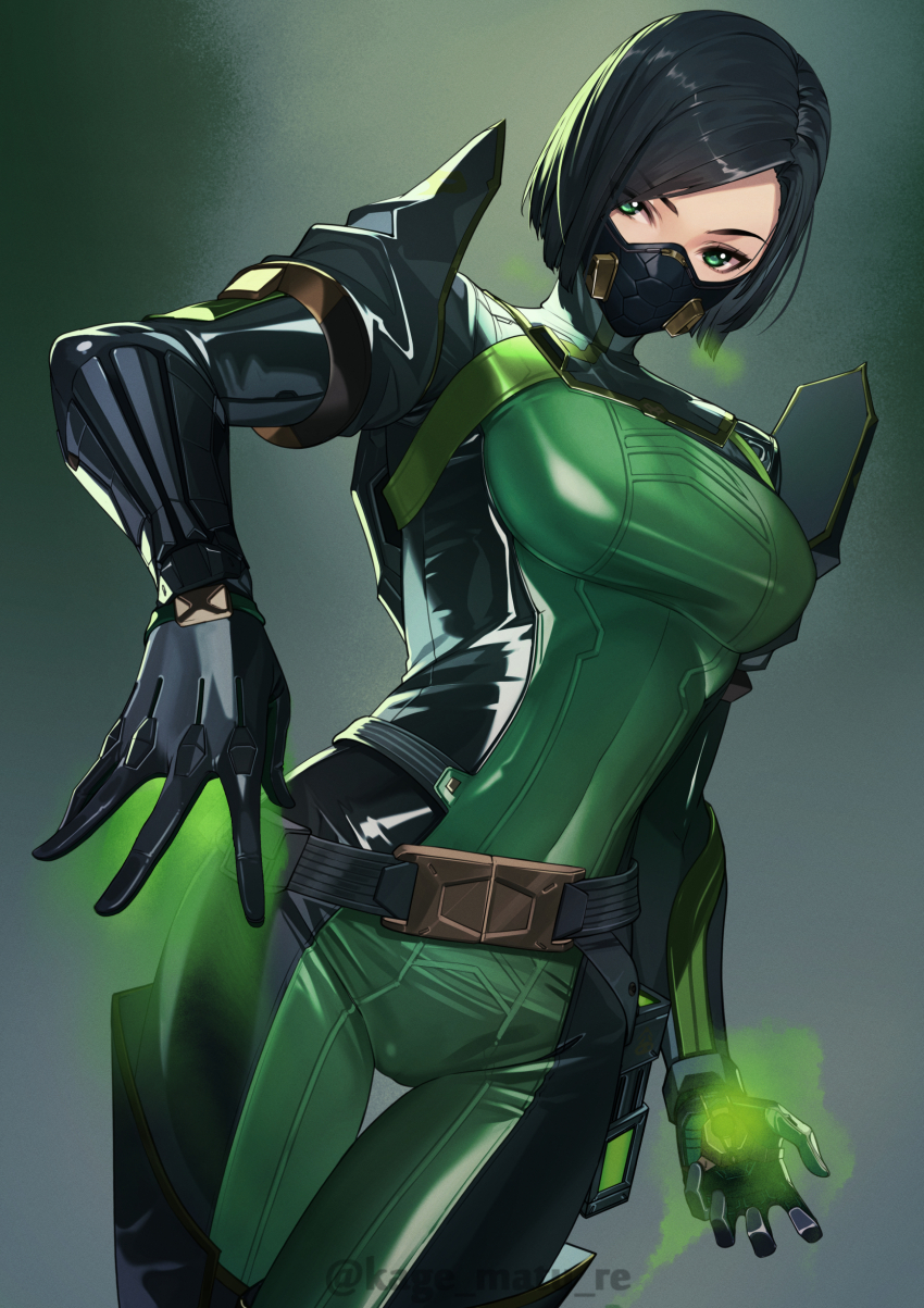 1girl absurdres animification black_hair black_mask bob_cut bodysuit breasts colored_smoke commentary_request covered_mouth cowboy_shot dutch_angle green_bodysuit green_eyes highres kagematsuri large_breasts looking_at_viewer mask mouth_mask short_hair skin_tight smoke solo twitter_username valorant viper_(valorant)