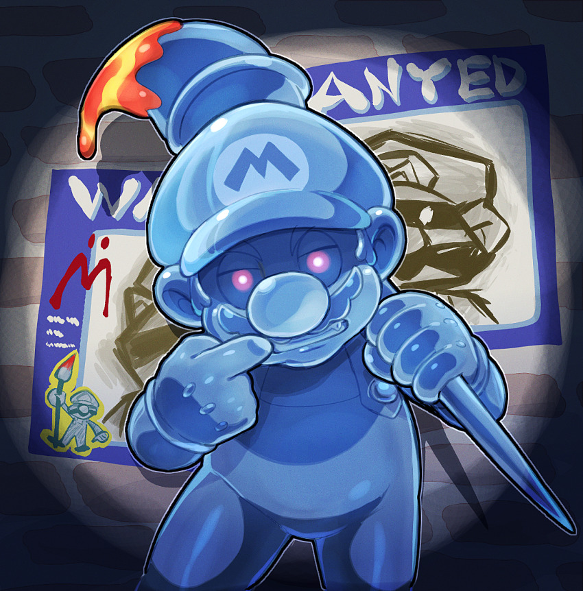 1boy annoyed blue_hat facial_hair hat hoshi_(star-name2000) looking_at_viewer mario_(series) middle_finger mustache nintendo paintbrush poster red_eyes shadow_mario solo standing super_mario_sunshine wall wanted_poster