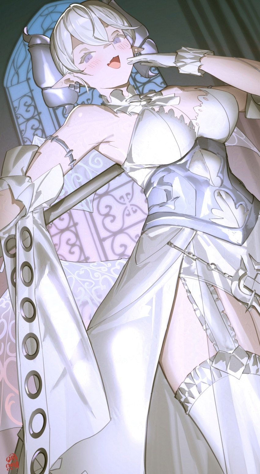 1girl bare_shoulders breasts cleavage cowboy_shot demon_girl demon_horns demon_wings dress drill_hair duel_monster earrings garter_straps grey_hair highres horns indoors jewelry large_breasts lovely_labrynth_of_the_silver_castle low_wings medium_hair multiple_wings pointy_ears sen-jou solo strapless strapless_dress thighhighs transparent_wings twin_drills white_dress white_thighhighs white_wings wings yu-gi-oh!
