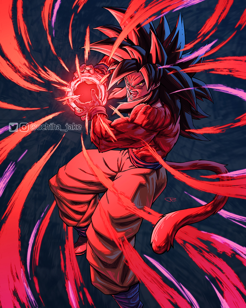 black_hair powering_up dragon_ball dragon_ball_gt energy highres incoming_attack kamehameha kamehameha_(dragon_ball) kamehameha_10x looking_at_viewer muscular muscular_male powering_up red_fur serious son_goku super_saiyan super_saiyan_4 tagme tail uchiha_jake