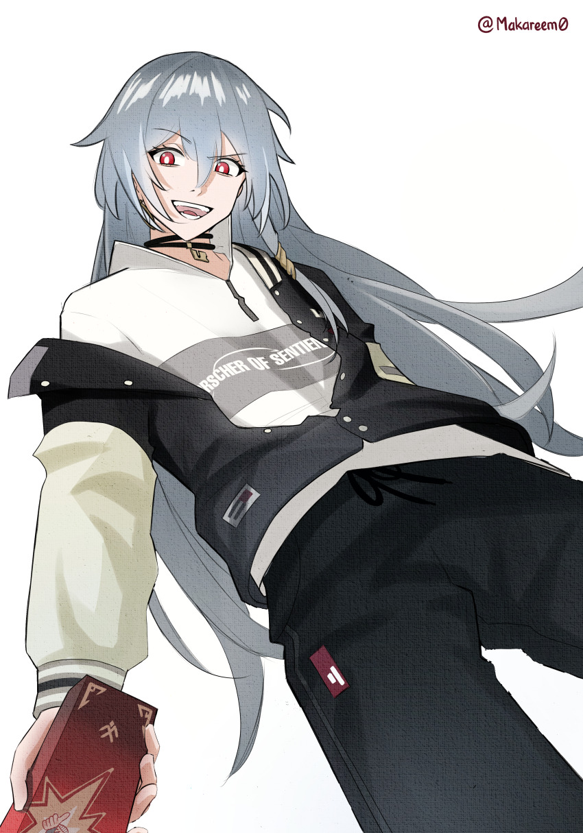 1girl :d absurdres black_choker black_hair black_jacket black_pants brick casual choker herrscher_of_sentience highres holding honkai_(series) honkai_impact_3rd jacket long_hair long_sleeves looking_at_viewer makareem open_mouth pants red_eyes shirt simple_background smile solo very_long_hair white_background white_shirt