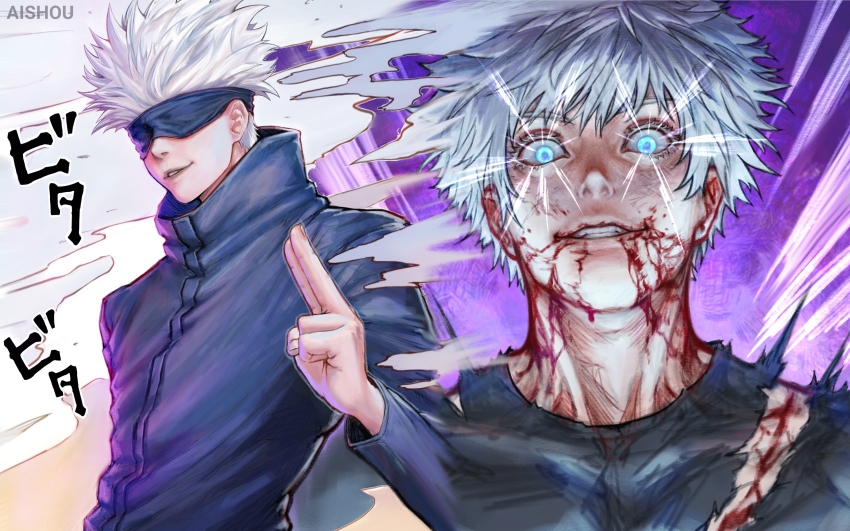 1boy 1girl absurdres ai_shou artist_name blindfold blindfold_lift blood blood_on_face blue_eyes commentary english_commentary gojou_satoru highres jujutsu_kaisen mixed-language_commentary short_hair solo white_hair