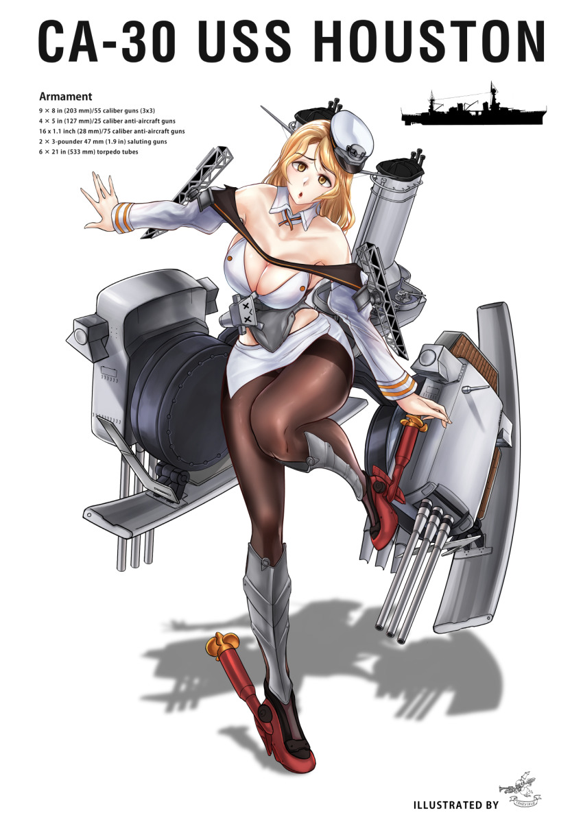 1girl black_pantyhose black_skirt breasts brown_eyes cannon character_name corset crazyskull detached_sleeves female_focus full_body hat high_heels highres houston_(kancolle) kantai_collection large_breasts light_brown_hair long_hair military military_uniform naval_uniform pantyhose peaked_cap range_finder rigging rudder_footwear shin_guards ship_turret skirt smokestack solo standing standing_on_one_leg thighband_pantyhose white_hat white_skirt
