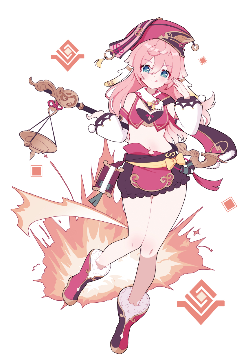1girl :q absurdres antlers aqua_eyes bare_legs black_boots black_bra black_skirt boots bow bra bright_pupils commentary_request deer_antlers detached_sleeves double-parted_bangs explosion ff2074 floating_hair floating_scarf frilled_skirt frills full_body fur-trimmed_boots fur_trim genshin_impact gold_trim hair_between_eyes hat highres holding holding_polearm holding_weapon horns light_blush long_hair long_sleeves looking_at_viewer midriff miniskirt multicolored_boots navel pink_hair polearm pom_pom_(clothes) puffy_long_sleeves puffy_sleeves red_boots red_hat scales scarf sidelocks simple_background skirt solo standing standing_on_one_leg tareme tassel tongue tongue_out two-tone_boots underwear weapon white_background xiezhi_guan yanfei_(genshin_impact) yellow_bow