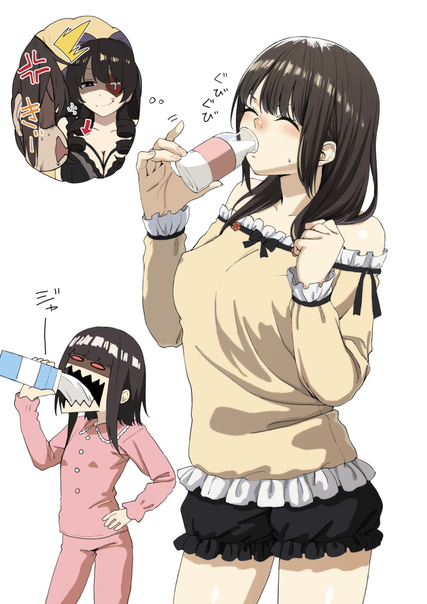 2girls arue_(konosuba) bare_shoulders black_shorts blush bottle breasts brown_hair closed_eyes collarbone cowboy_shot drill_hair drinking hands_up highres izawa_(bhive003) kono_subarashii_sekai_ni_shukufuku_wo! large_breasts long_hair medium_breasts megumin milk milk_bottle multiple_girls pajamas pink_pajamas sharp_teeth shorts simple_background smile smug speech_bubble teeth thought_bubble translation_request twin_drills twintails white_background yunyun_(konosuba)