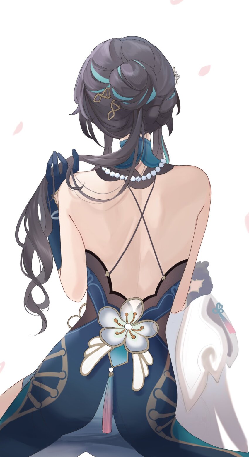 1girl back backless_dress backless_outfit bare_back black_hair blue_dress blue_gloves detached_collar dress falling_petals from_behind gloves hair_bun highres holding holding_own_hair holding_unworn_clothes honkai:_star_rail honkai_(series) jewelry long_hair median_furrow necklace pearl_necklace petals ruan_mei_(honkai:_star_rail) satou_kouri simple_background solo unworn_capelet upper_body white_background