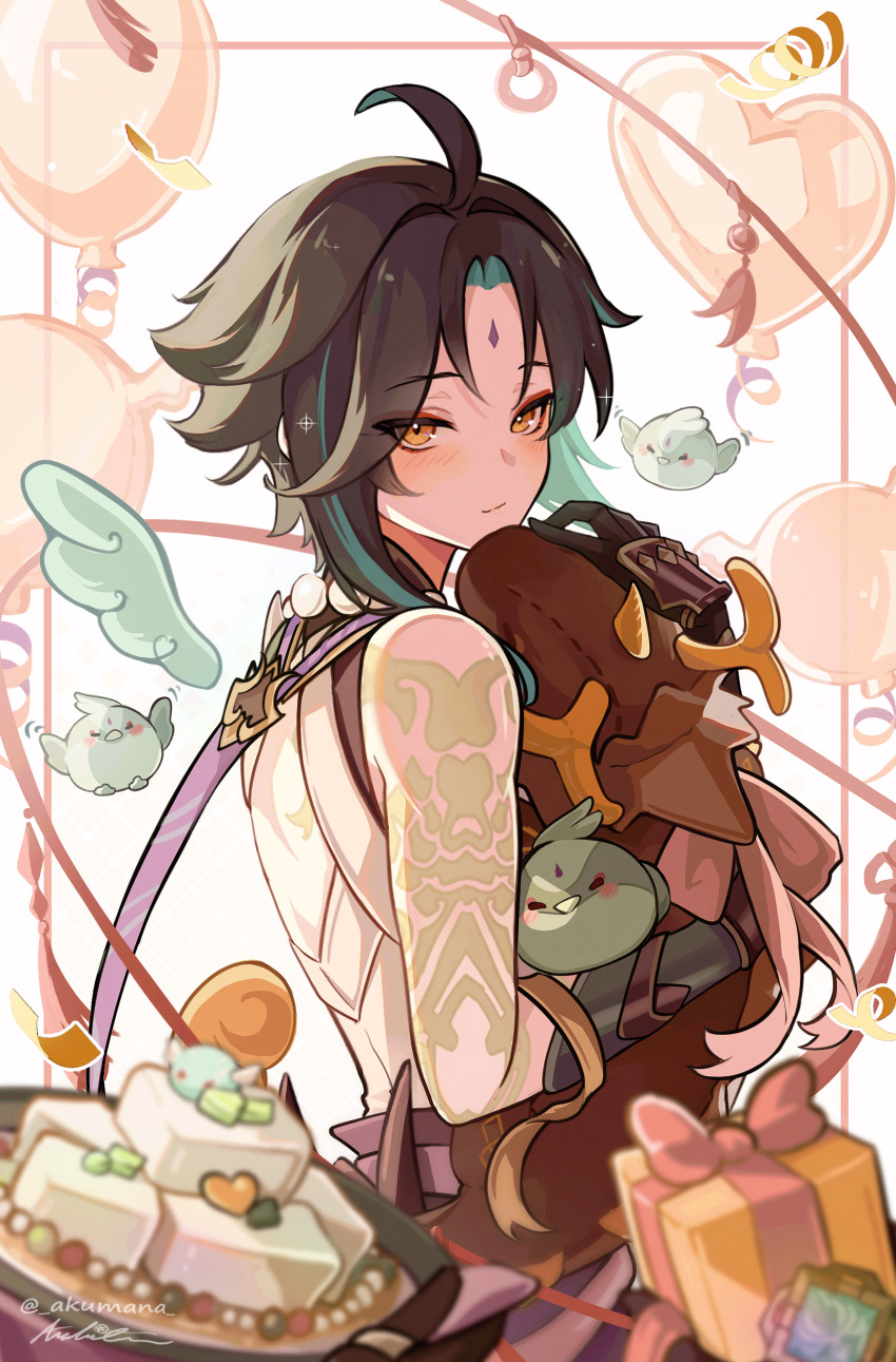 1boy absurdres ahoge akumana almond_tofu_(genshin_impact) angel_wings aqua_wings artist_name balloon bishounen blurry border character_doll clone closed_mouth commentary depth_of_field detached_wings english_commentary from_side genshin_impact gift half-closed_eyes hand_up heart_balloon highres holding hugging_object light_blush light_smile looking_at_viewer looking_to_the_side male_focus mini_wings outside_border rex_lapis_(genshin_impact) signature single_wing solo split_mouth stuffed_animal stuffed_dragon stuffed_toy twitter_username two-handed unworn_vision_(genshin_impact) upper_body white_background wings xiao_(bird)_(genshin_impact) xiao_(genshin_impact)