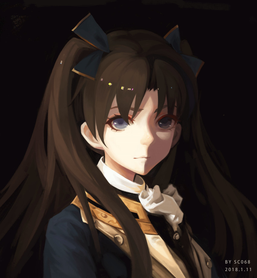 1girl 2018 absurdres artist_name black_background black_ribbon blue_eyes brown_hair closed_mouth dated fate/grand_order fate_(series) female_focus hair_ribbon highres long_hair looking_at_viewer ribbon sc068 solo tohsaka_rin two_side_up upper_body