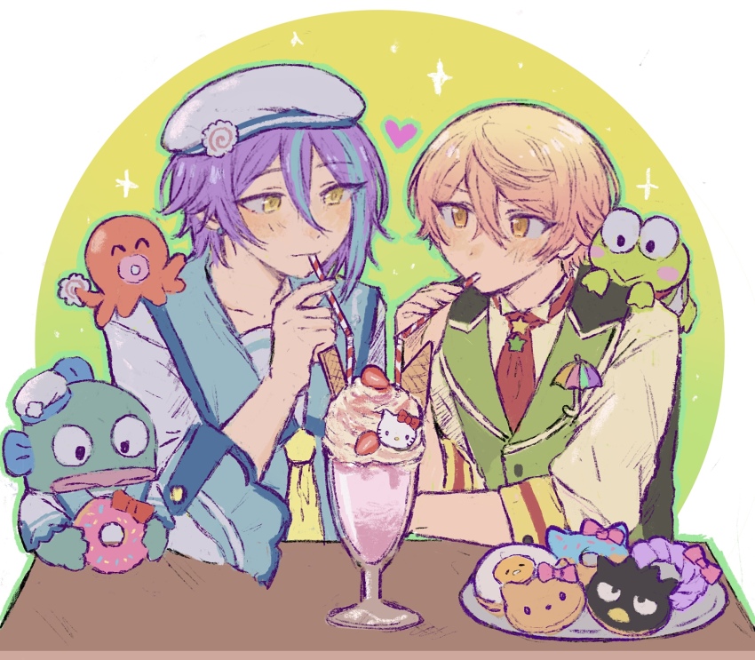 2boys asymmetrical_hair badtz-maru bendy_straw blue_hair blue_vest blush border character-themed_food closed_mouth collarbone commentary double-parted_bangs drinking_straw drinking_straw_in_mouth earrings elbow_on_table english_commentary fingernails food fruit gradient_background green_background green_outline green_vest gudetama hair_between_eyes hand_up hangyodon hasunoue_keroppi hat heart hello_kitty hello_kitty_(character) highres ice_cream jewelry kamishiro_rui kero_kero_keroppi long_sleeves looking_at_another male_focus multicolored_hair multiple_boys necktie orange_eyes orange_hair outline plate project_sekai purple_hair round_border sana5353 sanrio sayuri_(sanrio) shirt short_hair simple_background sparkle star_(symbol) strawberry strawberry_slice streaked_hair sundae table tenma_tsukasa two-tone_hair upper_body vest white_border white_hat white_shirt yellow_background yellow_eyes yellow_necktie yellow_shirt