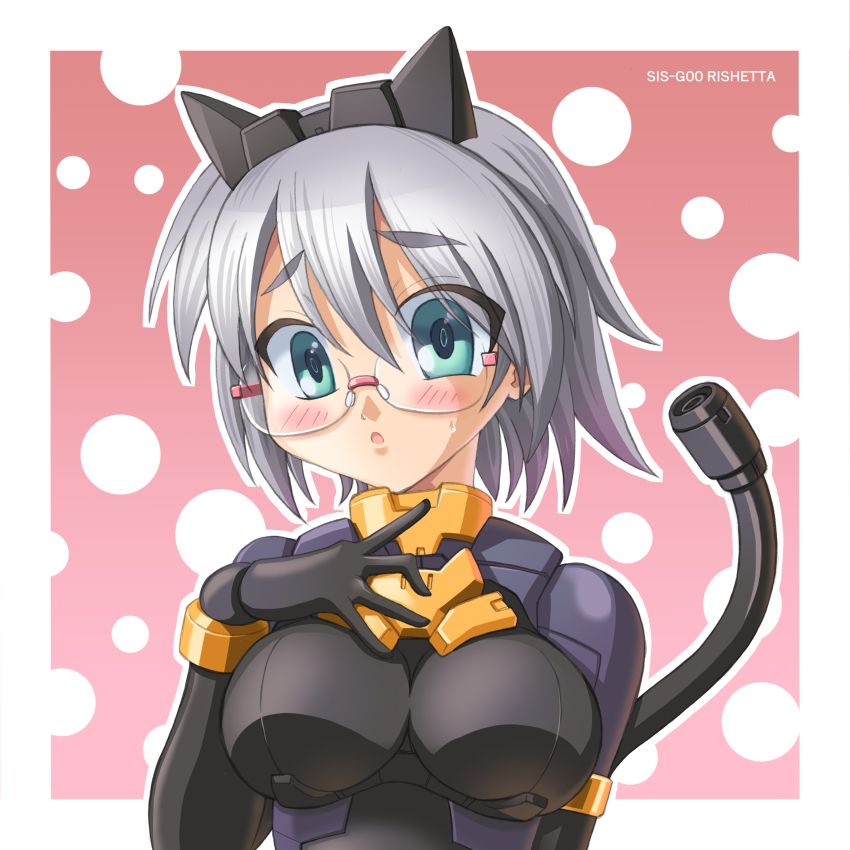 1girl 2000s_(style) 30_minutes_sisters :o absurdres bespectacled black_bodysuit black_gloves black_hairband blush bodysuit border breasts cable cable_tail character_name glasses gloves hairband hand_on_own_chest head_tilt hidaka_saki highres looking_at_viewer mecha_musume mechanical_tail medium_breasts open_mouth pink_background portrait rishetta_(30ms) short_hair skin_tight solo tail white_border
