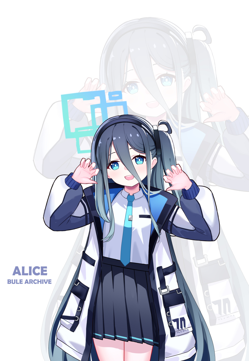 1girl :d absurdres aqua_eyes aqua_halo aqua_necktie aris_(blue_archive) black_hairband black_skirt blue_archive blue_jacket bright_pupils character_name chinese_commentary claw_pose collared_shirt commentary_request copyright_name cowboy_shot double-parted_bangs grey_hair hair_between_eyes hairband halo highres jacket light_blush long_bangs long_hair long_hair_between_eyes long_sidelocks long_sleeves looking_at_viewer multicolored_jacket necktie one_side_up open_clothes open_jacket open_mouth pleated_skirt pocket puffy_long_sleeves puffy_sleeves rectangular_halo ringed_eyes school_uniform shirt shirt_tucked_in sidelocks simple_background skirt smile solo straight-on teeth tie_clip two-sided_fabric two-sided_jacket upper_teeth_only very_long_hair white_background white_jacket white_pupils white_shirt wuyin zoom_layer